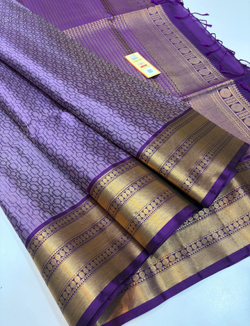 Lavender Full Brocade Bridal Handloom Pure Soft Silk Saree with Gold Zari Kanchi Border, Violet Pallu & Blouse | Silk Mark Certified
