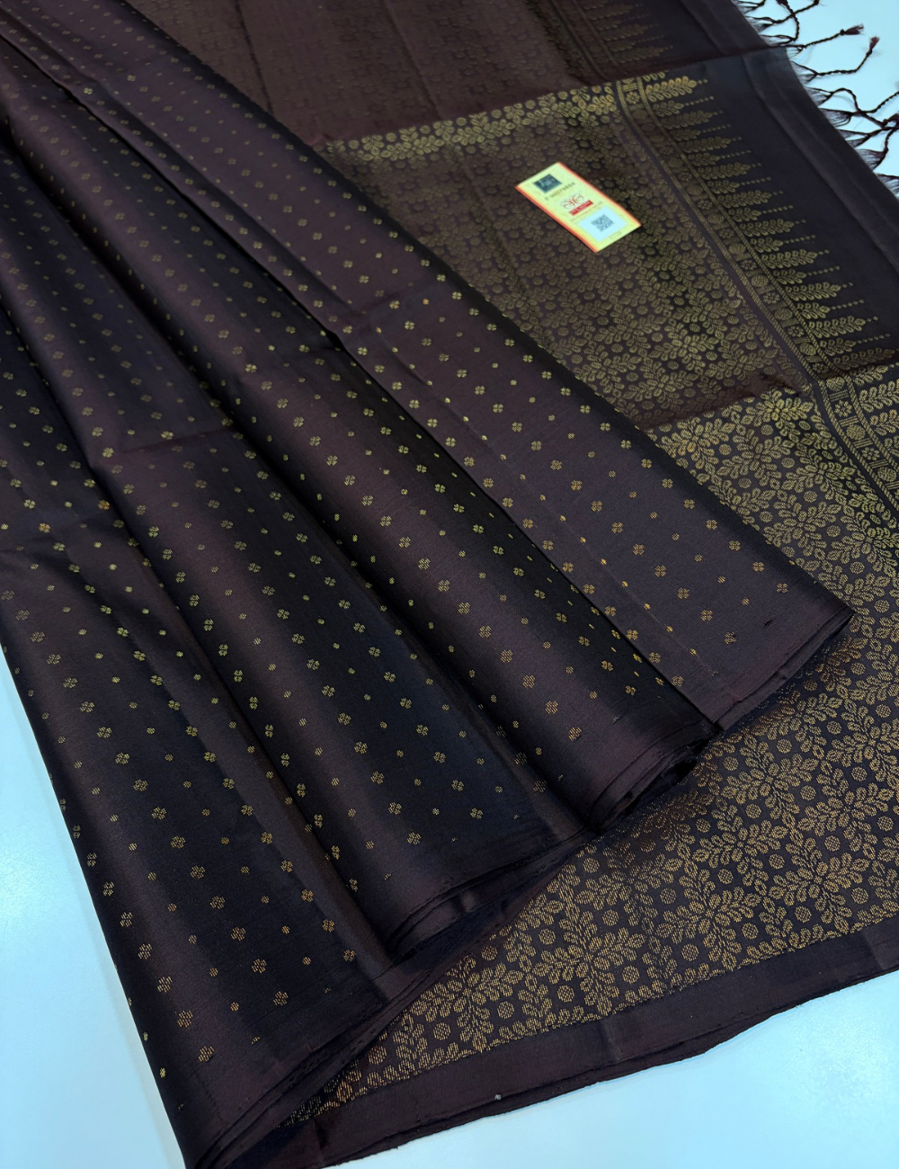 Coffee Brown Handloom Pure Soft Silk Saree with 1000 Putta Design, Borderless Style & Matching Blouse | Silk Mark Certified