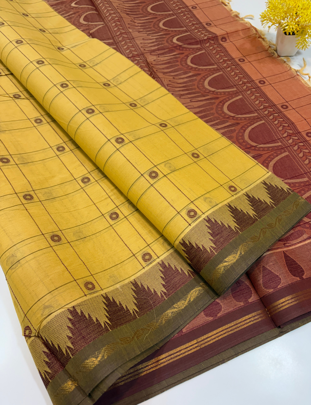 Negamam Pure Cotton Saree – Golden Mustard with Maroon Temple Border