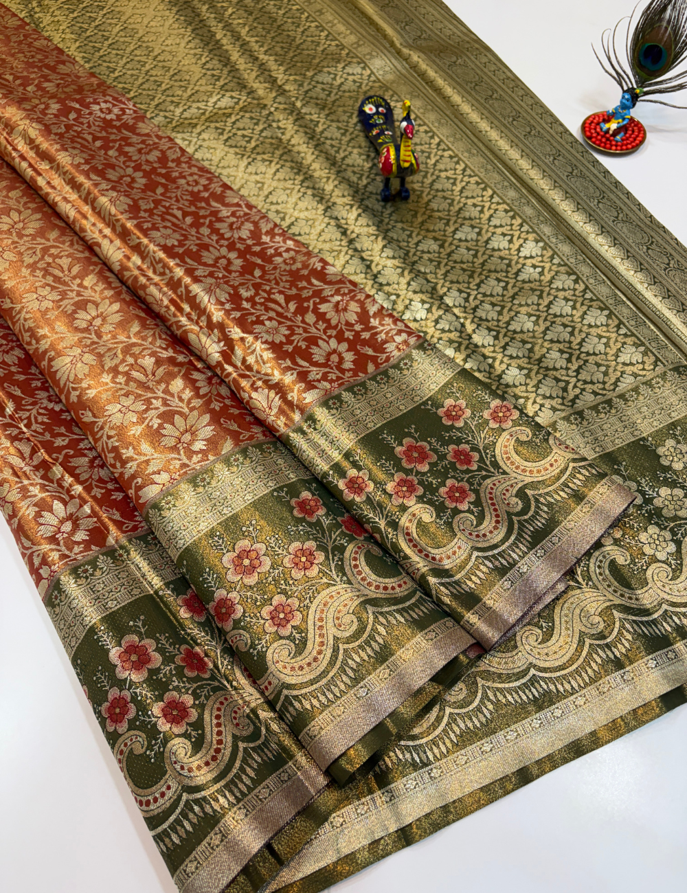 Onion Pink with Green Korvai Contrast Tissue Semi Bridal Silk Saree | Full Brocade Weaving | Aadithya Handlooms
