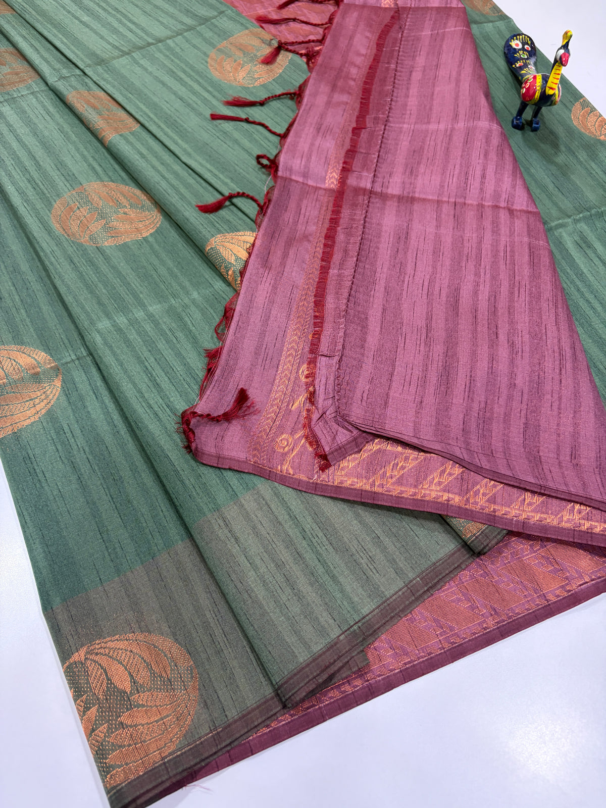 Sage Green with Dusty Mauve Purple Contrast Handloom Semi Raw Softsilk Saree