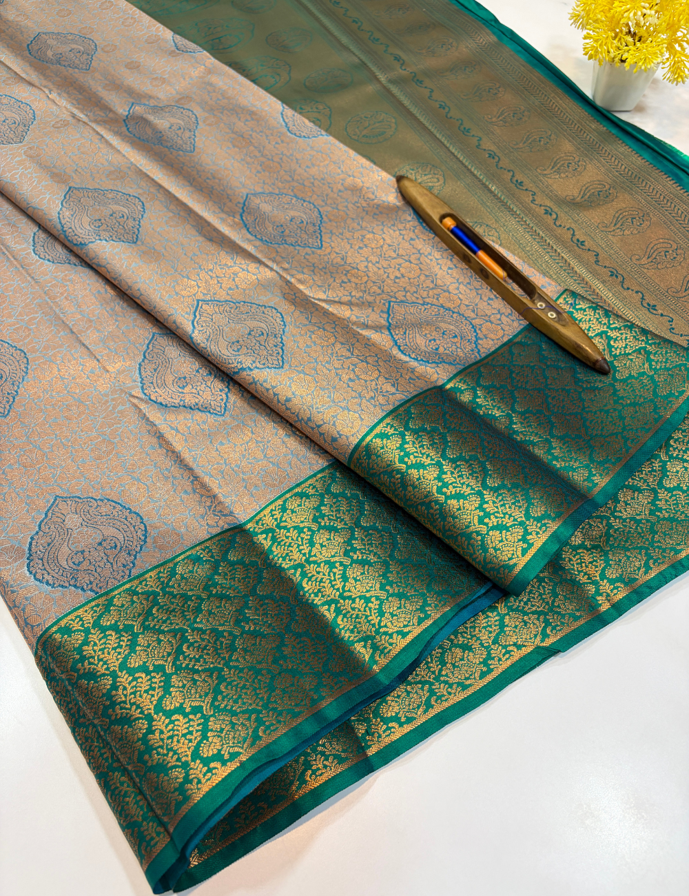 Semi Bridal Kanchi Silk Saree – Pastel Blue with Rama Green
