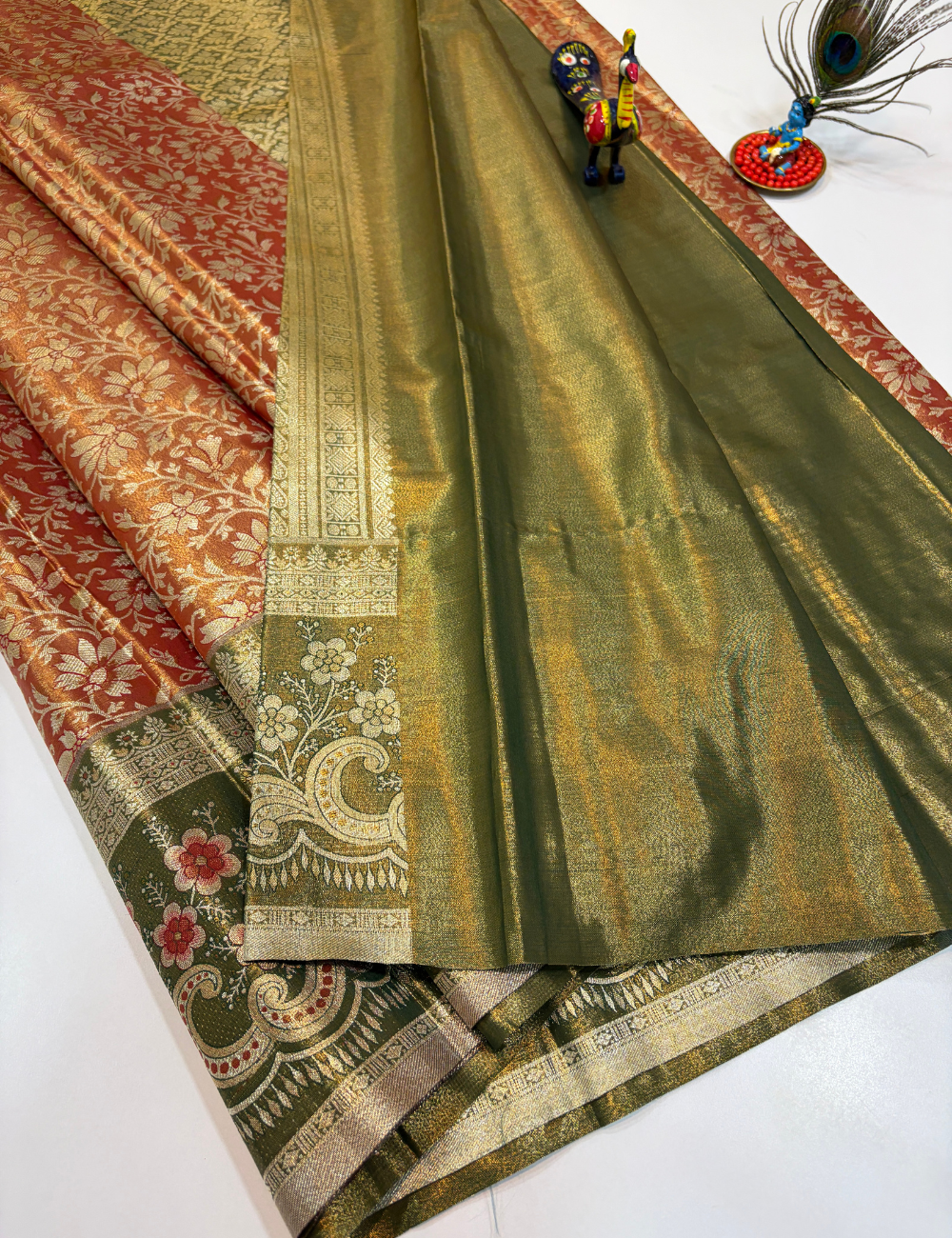 Onion Pink with Green Korvai Contrast Tissue Semi Bridal Silk Saree | Full Brocade Weaving | Aadithya Handlooms