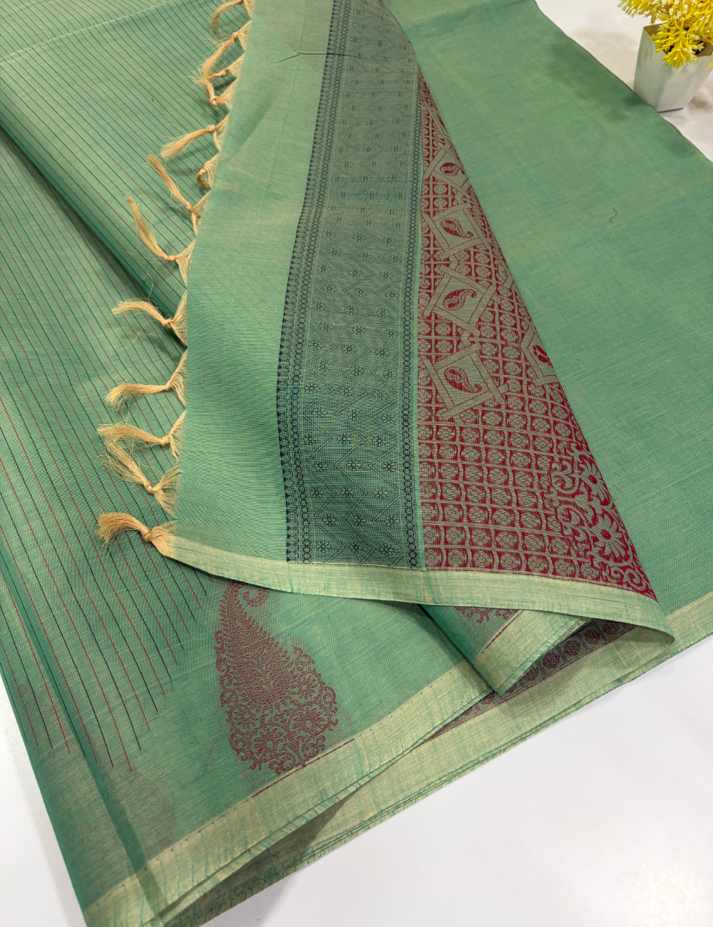 Negamam Pure Cotton Vairaoosi Stripes Saree – Sage Green & Maroon
