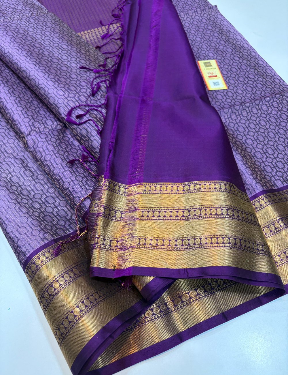 Lavender Full Brocade Bridal Handloom Pure Soft Silk Saree with Gold Zari Kanchi Border, Violet Pallu & Blouse | Silk Mark Certified