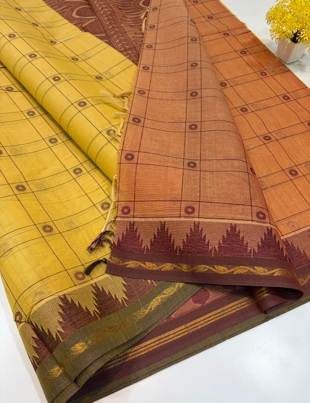 Negamam Pure Cotton Saree – Golden Mustard with Maroon Temple Border