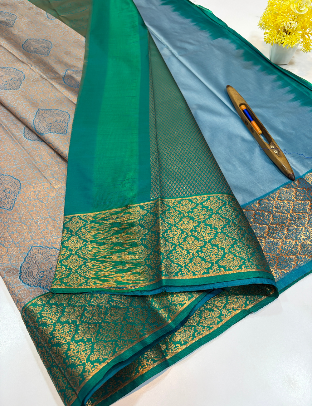 Semi Bridal Kanchi Silk Saree – Pastel Blue with Rama Green