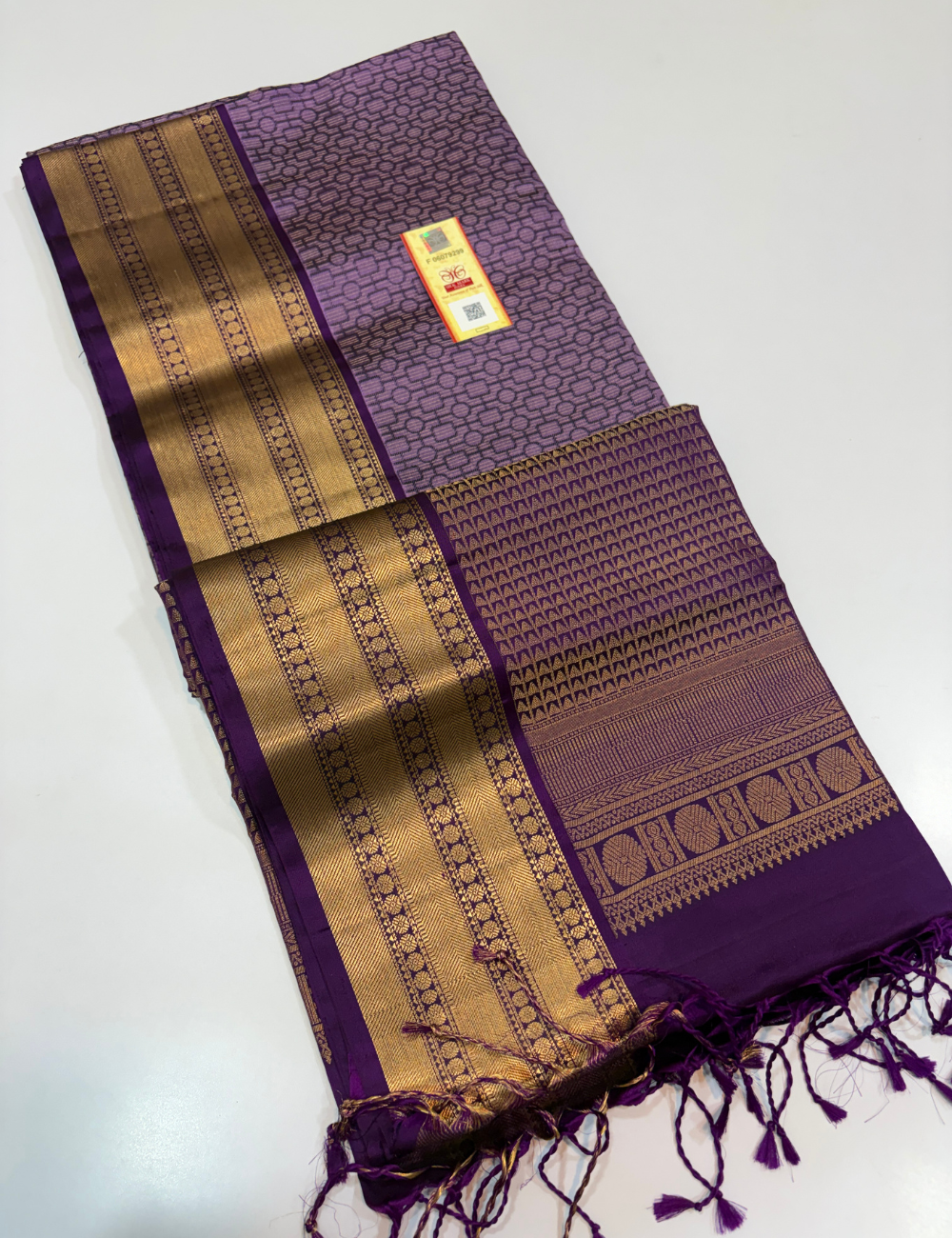 Lavender Full Brocade Bridal Handloom Pure Soft Silk Saree with Gold Zari Kanchi Border, Violet Pallu & Blouse | Silk Mark Certified