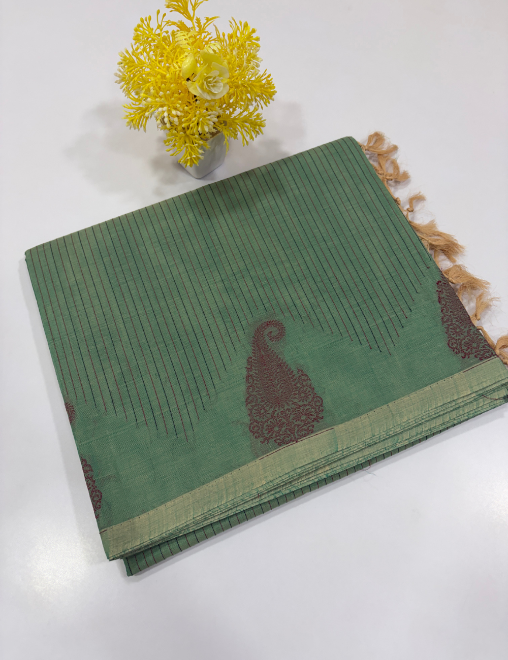 Negamam Pure Cotton Vairaoosi Stripes Saree – Sage Green & Maroon