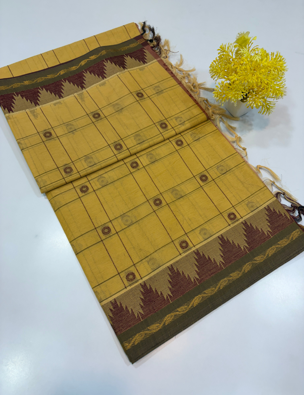Negamam Pure Cotton Saree – Golden Mustard with Maroon Temple Border