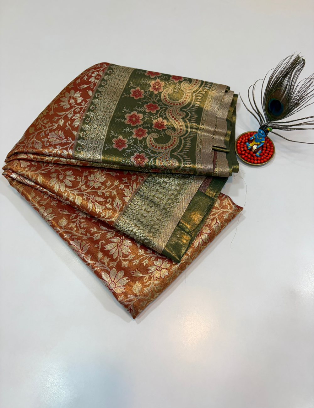 Onion Pink with Green Korvai Contrast Tissue Semi Bridal Silk Saree | Full Brocade Weaving | Aadithya Handlooms