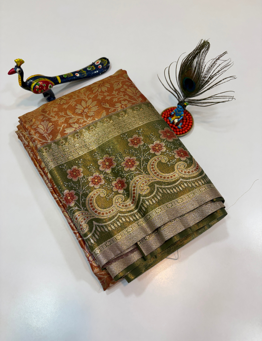 Onion Pink with Green Korvai Contrast Tissue Semi Bridal Silk Saree | Full Brocade Weaving | Aadithya Handlooms