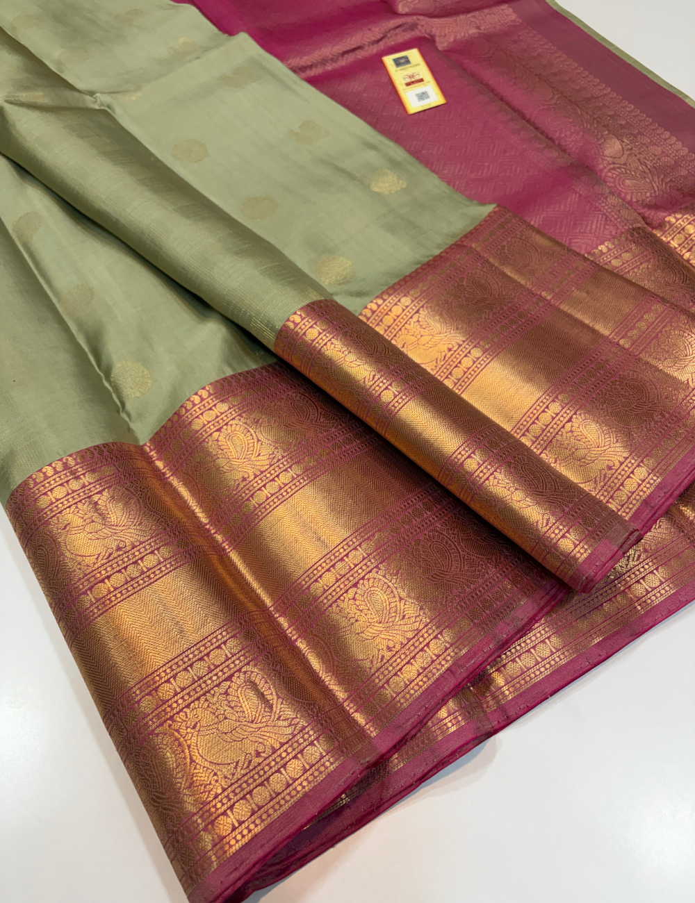 Pastel Pistachio Green Handloom Pure Soft Silk Saree with Silk Mark | Self Colour Kanchi Border with Gold Zari Buttas