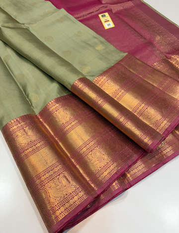 Pastel Pistachio Green Handloom Pure Soft Silk Saree with Silk Mark | Self Colour Kanchi Border with Gold Zari Buttas