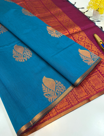 Peacock Blue Semi Silk Cotton Saree with Maroon Piping Border | Gold Zari Putta Weaves
