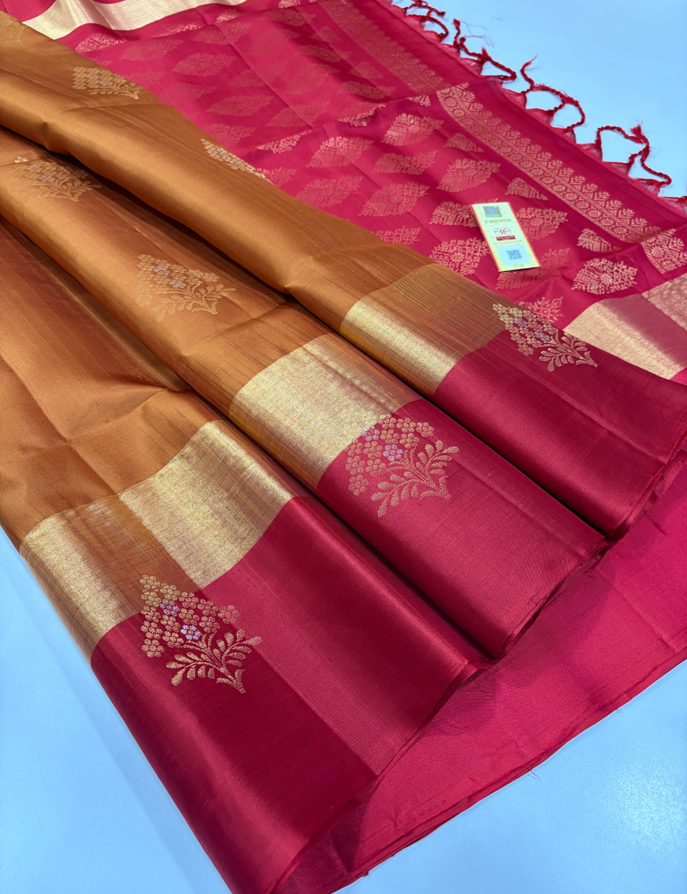 Tie & Dye Contrast Rettapet Border Meena Butta Handloom Pure Soft Silk Saree – Mustard & Maroon