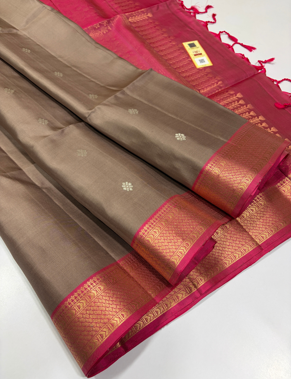 Mushroom Grey Dual Tone Lotus Pink Pallu & Blouse Kanchi Border Handloom Pure Soft Silk Saree