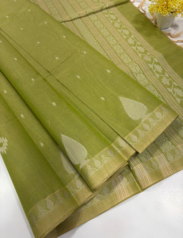 Pure Cotton Pochampally Olive Green Thread Putta Saree