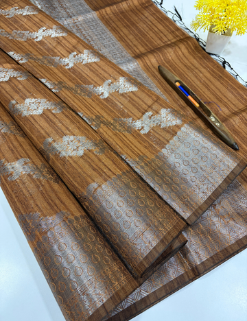 Wooden Brown Matka Silk Cotton Saree with Full Zari Butta | Rich Zari Border & Brocade Blouse