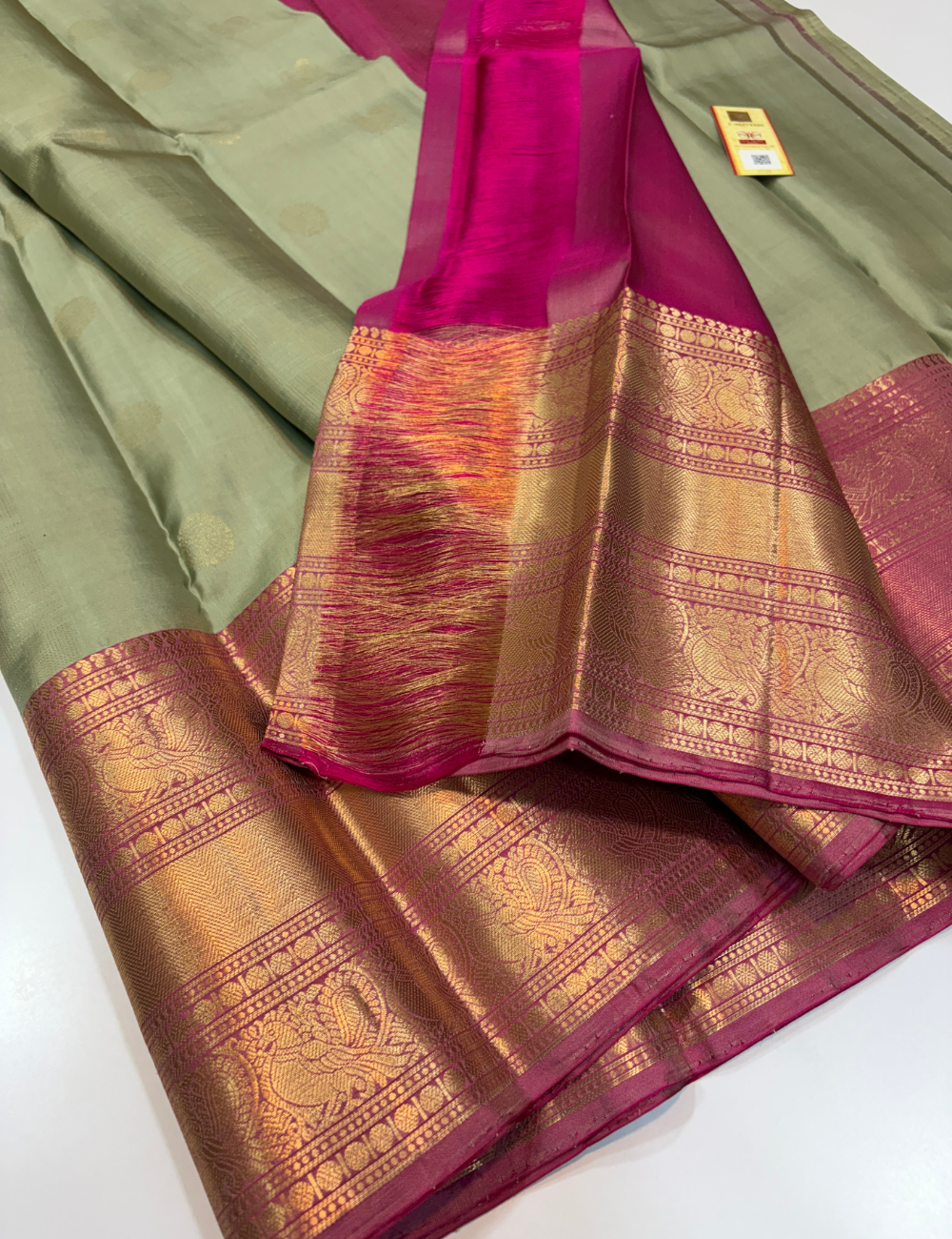 Pastel Pistachio Green Handloom Pure Soft Silk Saree with Silk Mark | Self Colour Kanchi Border with Gold Zari Buttas