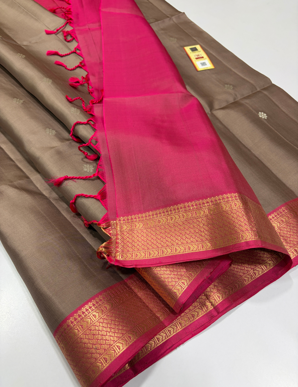 Mushroom Grey Dual Tone Lotus Pink Pallu & Blouse Kanchi Border Handloom Pure Soft Silk Saree