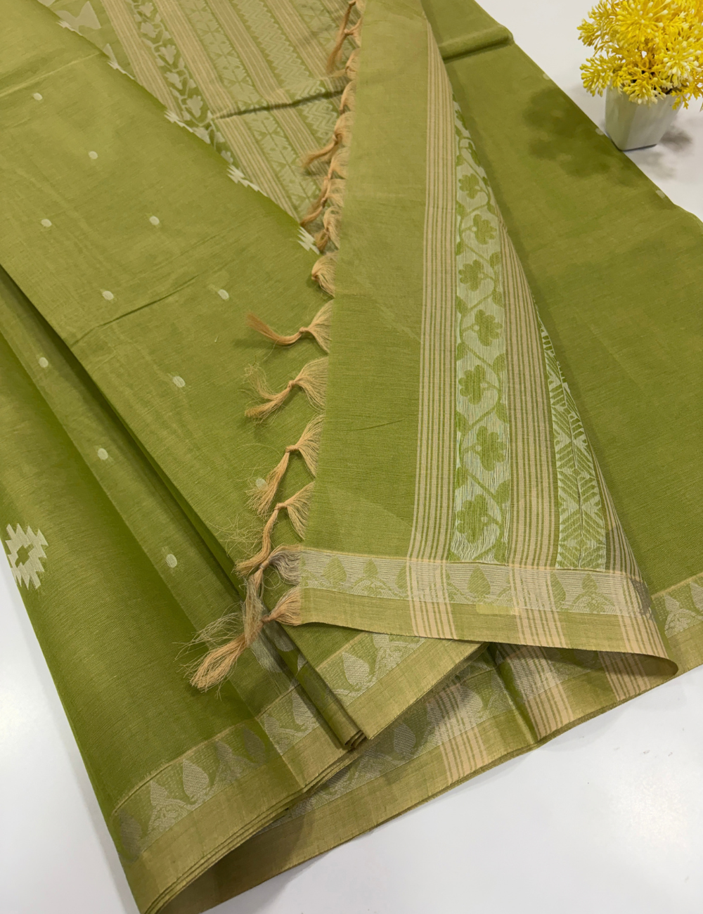 Pure Cotton Pochampally Olive Green Thread Putta Saree