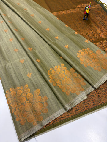 Muted Olive Sage Green with Deep Olive Brown Contrast Semi Raw Softsilk Saree