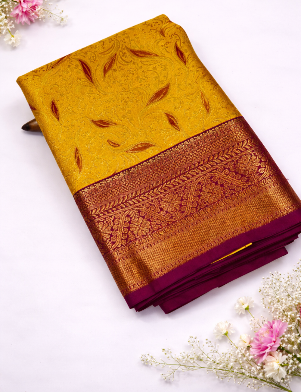 Semi Bridal Kanchi Silk Saree – Golden Yellow with Magenta Pink