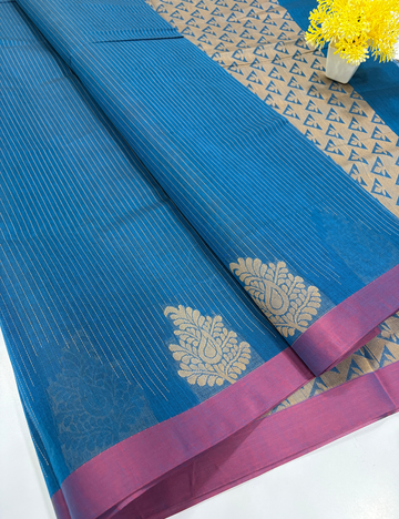 Negamam Pure Cotton Vairaoosi Stripes Saree – Royal Blue & Magenta