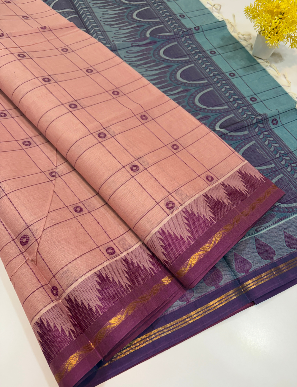 Negamam Pure Cotton Saree – Blush Pink with Royal Purple Temple Border