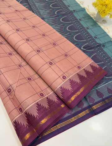 Negamam Pure Cotton Saree – Blush Pink with Royal Purple Temple Border