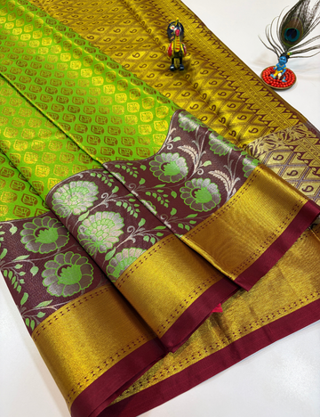 Parrot Green with Golden Korvai Contrast Tissue Semi Bridal Silk Saree | Full Brocade Weaving | Aadithya Handlooms