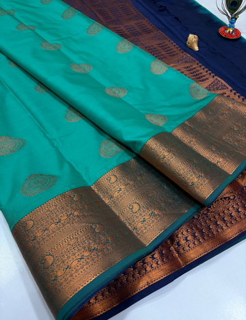 Aqua Green Semi Soft Silk Saree with Kanchi Border | Navy Blue Pallu & Blouse