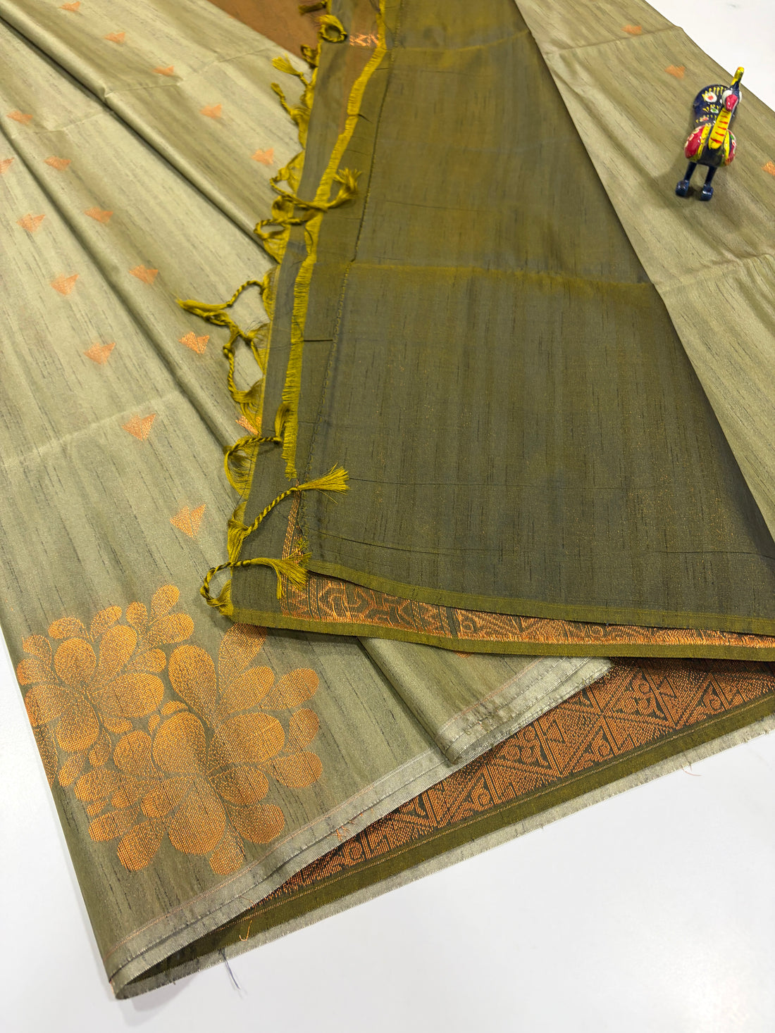 Muted Olive Sage Green with Deep Olive Brown Contrast Semi Raw Softsilk Saree