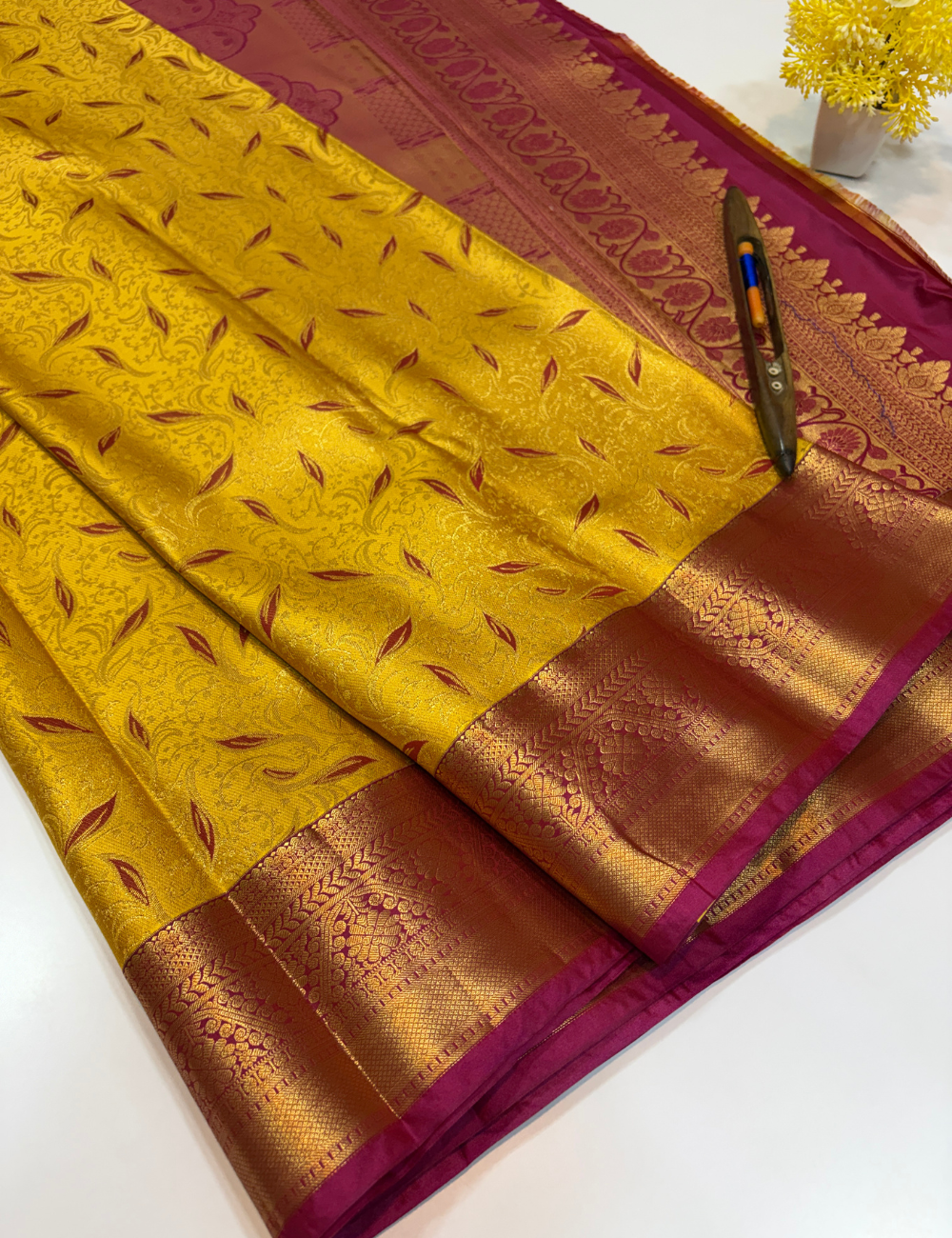 Semi Bridal Kanchi Silk Saree – Golden Yellow with Magenta Pink