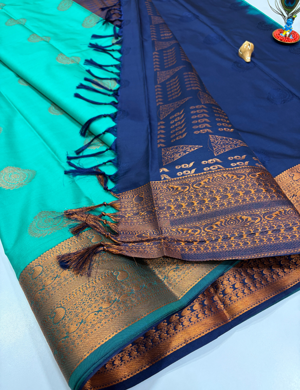 Aqua Green Semi Soft Silk Saree with Kanchi Border | Navy Blue Pallu & Blouse