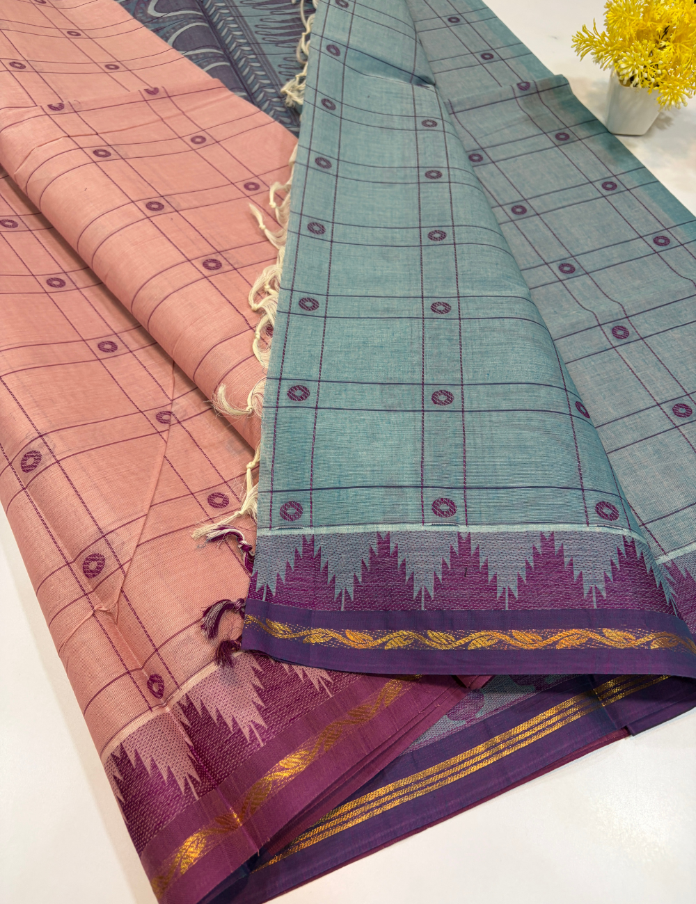 Negamam Pure Cotton Saree – Blush Pink with Royal Purple Temple Border
