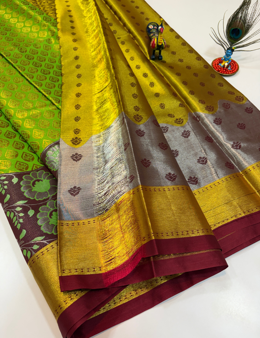 Parrot Green with Golden Korvai Contrast Tissue Semi Bridal Silk Saree | Full Brocade Weaving | Aadithya Handlooms