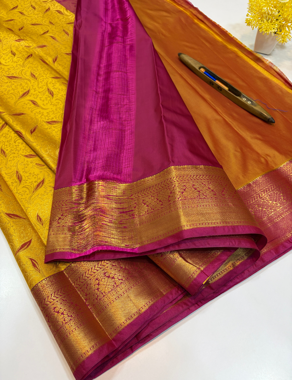 Semi Bridal Kanchi Silk Saree – Golden Yellow with Magenta Pink