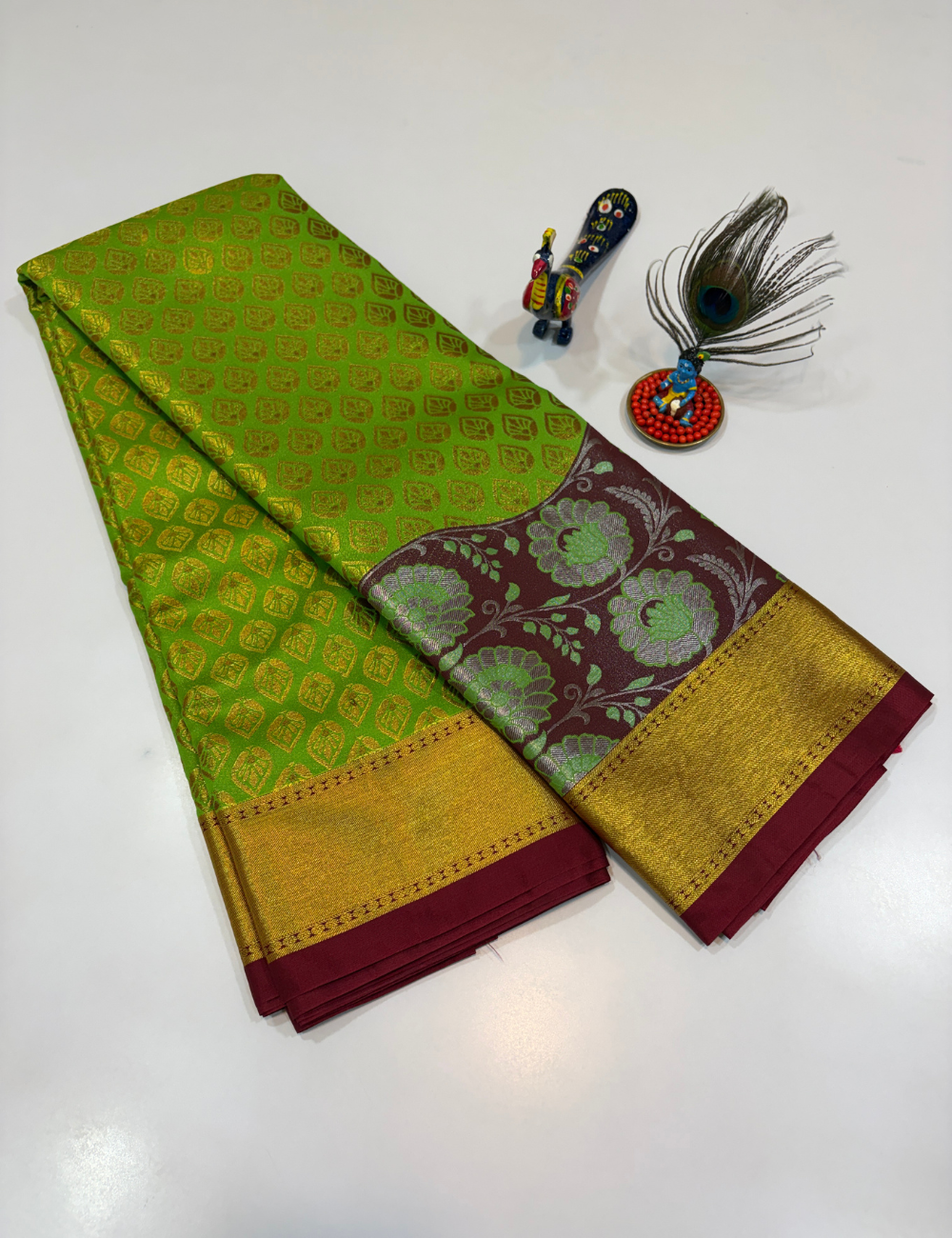Parrot Green with Golden Korvai Contrast Tissue Semi Bridal Silk Saree | Full Brocade Weaving | Aadithya Handlooms