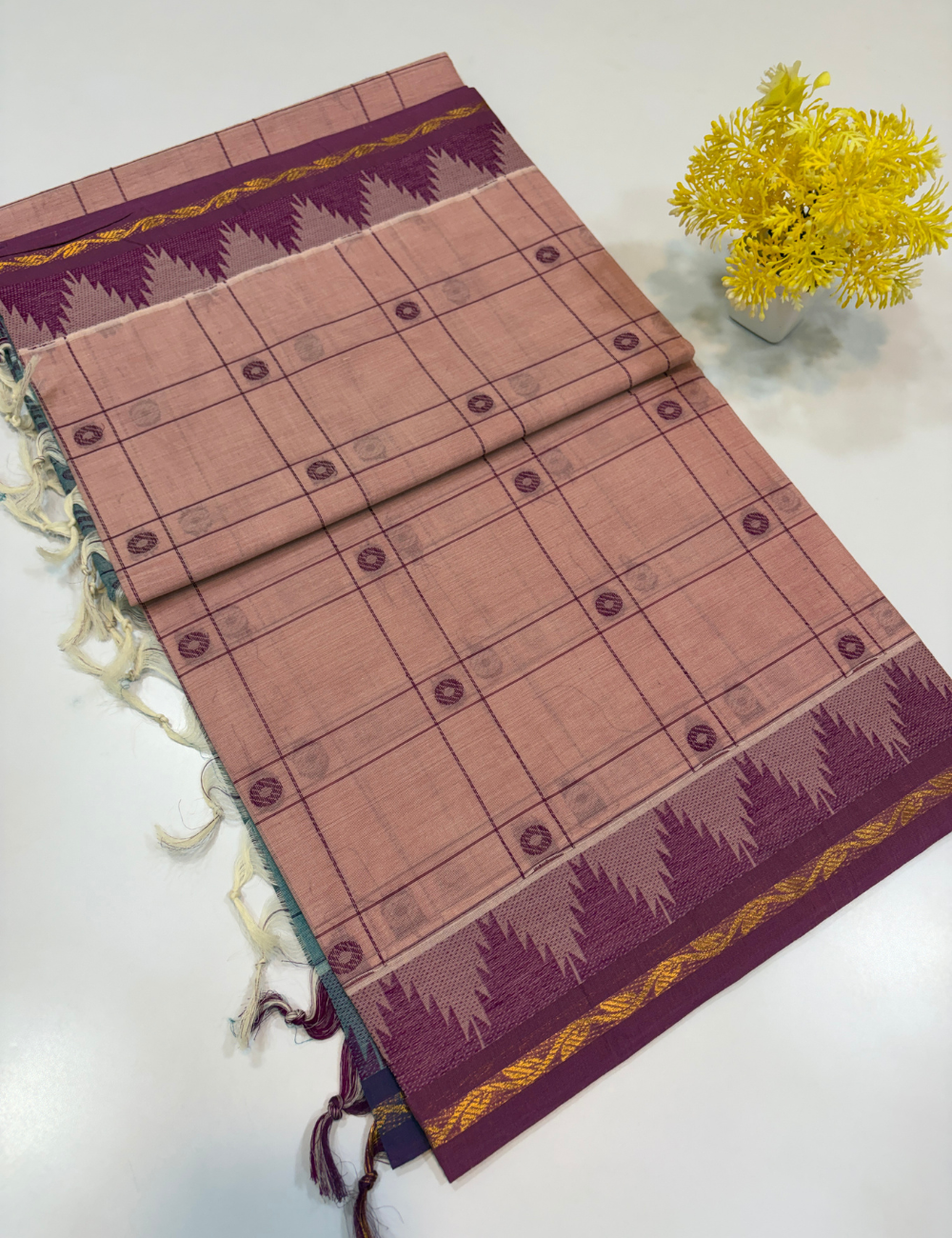 Negamam Pure Cotton Saree – Blush Pink with Royal Purple Temple Border