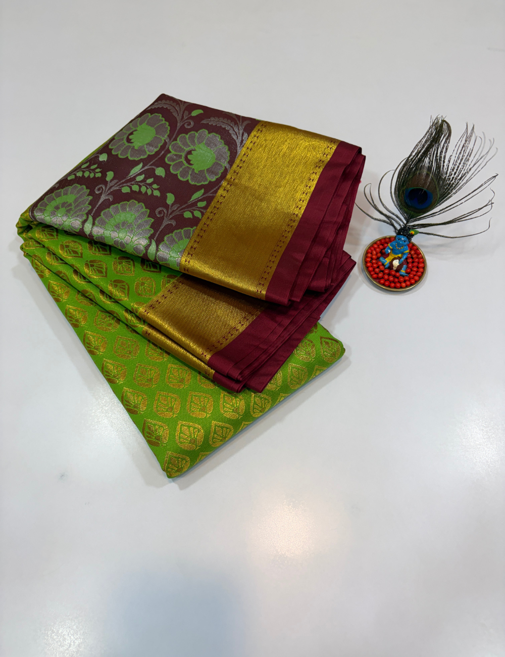 Parrot Green with Golden Korvai Contrast Tissue Semi Bridal Silk Saree | Full Brocade Weaving | Aadithya Handlooms