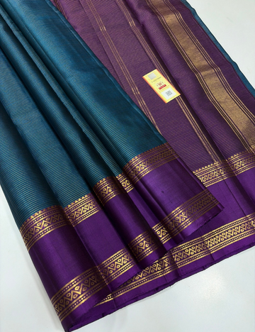 Teal Peacock Blue Handloom Silk Saree with Eggplant Purple Vairaoosi Lines & Rettapet Contrast Border