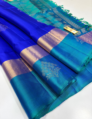 Tie & Dye Contrast Rettapet Border Meena Butta Handloom Pure Soft Silk Saree – Royal Blue & Peacock Green