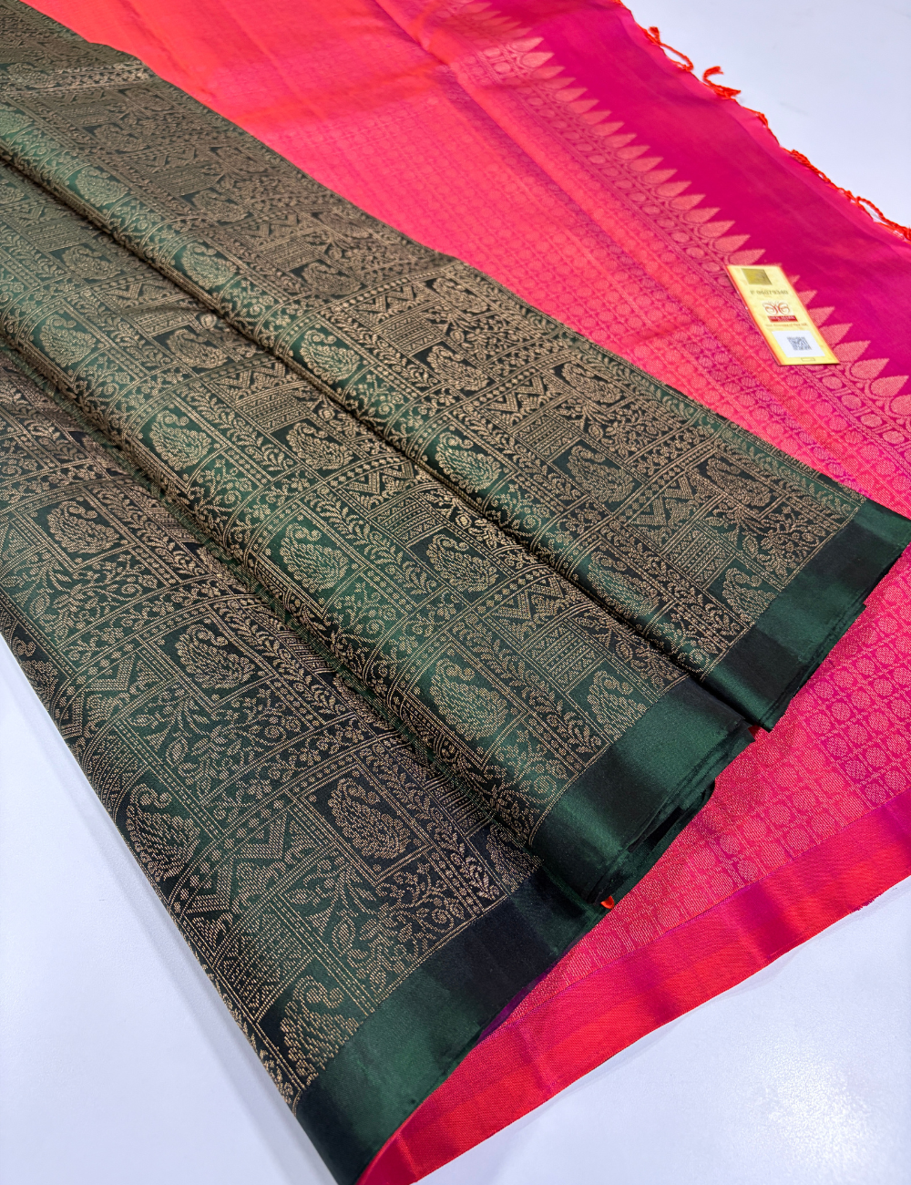 Deep Bottle Green Full Brocade Soft Silk Saree with Contrast Pink Pallu & Blouse