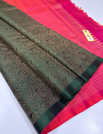 Deep Bottle Green Full Brocade Soft Silk Saree with Contrast Pink Pallu & Blouse