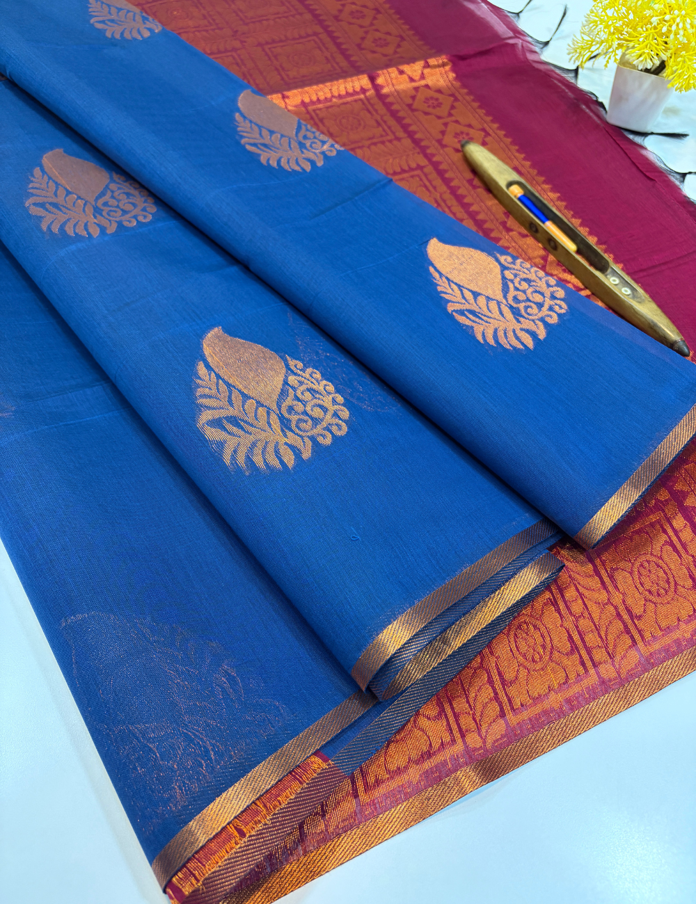 Rama Blue Semi Silk Cotton Saree with Wine Maroon Piping Border | Golden Zari Putta Weaves