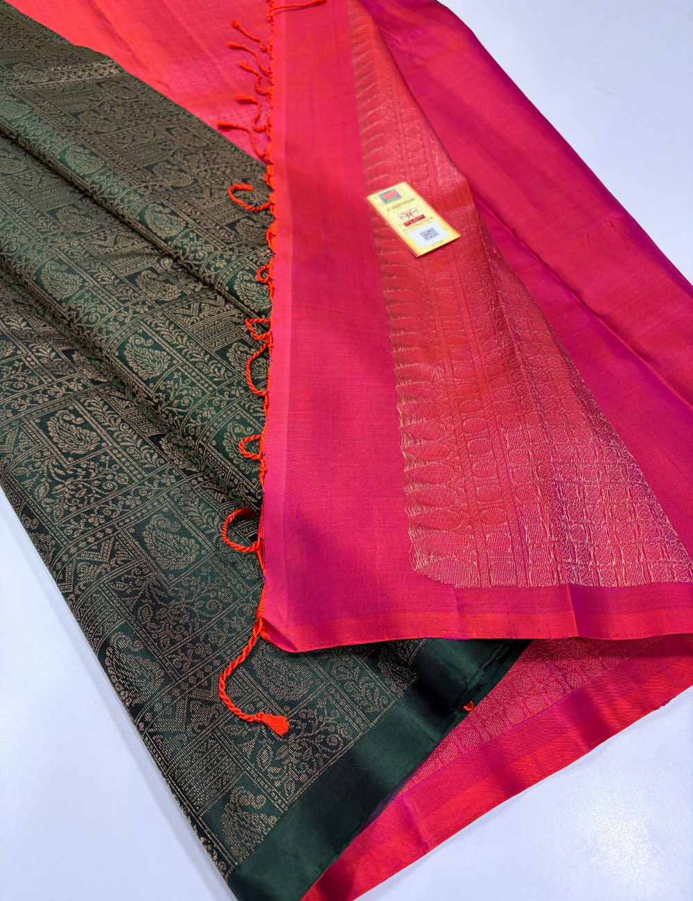 Deep Bottle Green Full Brocade Soft Silk Saree with Contrast Pink Pallu & Blouse