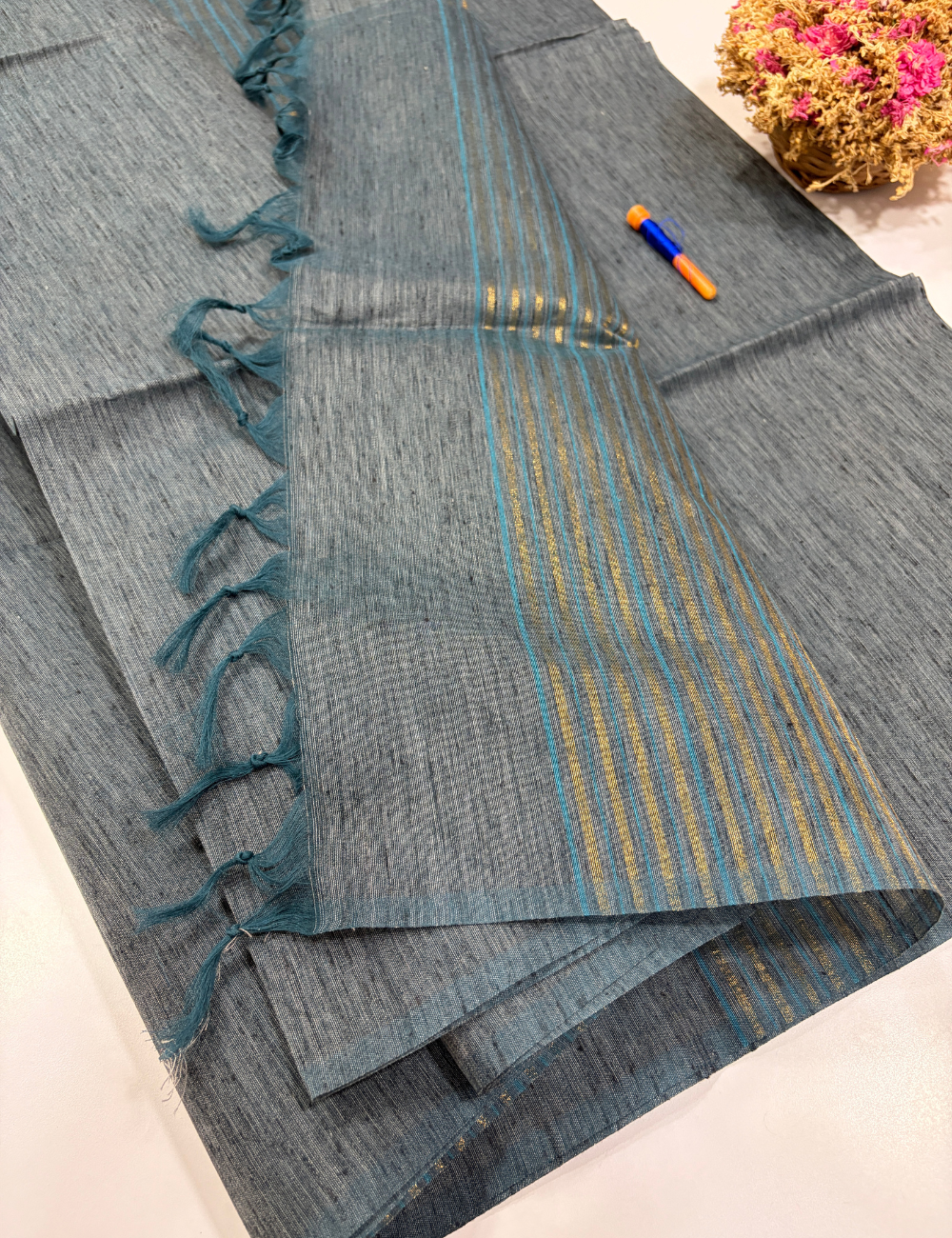 Negamam 80s Count Pure Cotton Saree in Pastel Teal | Tie & Dye Weaving | Borderless | Self Colour Pallu | Plain Blouse