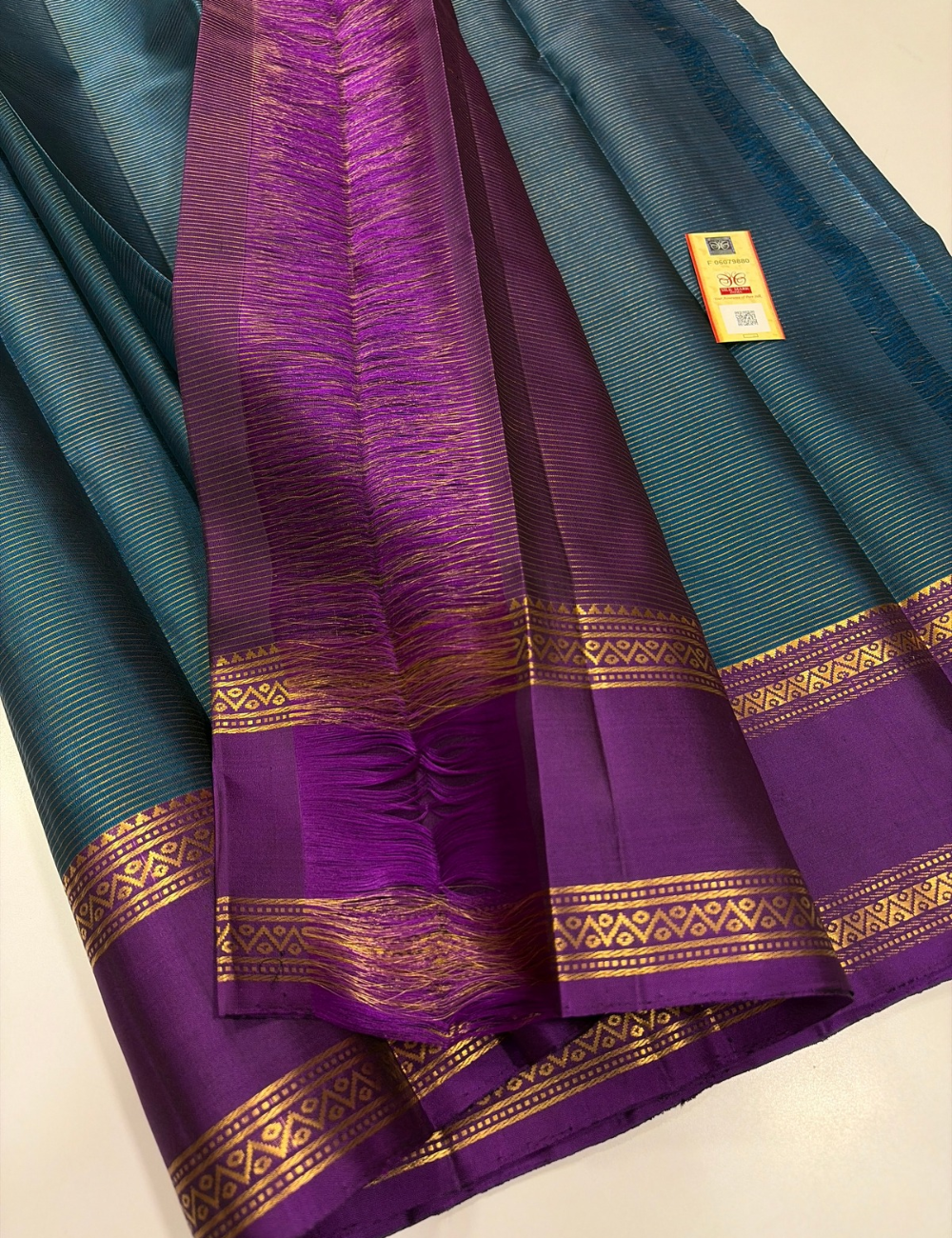 Teal Peacock Blue Handloom Silk Saree with Eggplant Purple Vairaoosi Lines & Rettapet Contrast Border